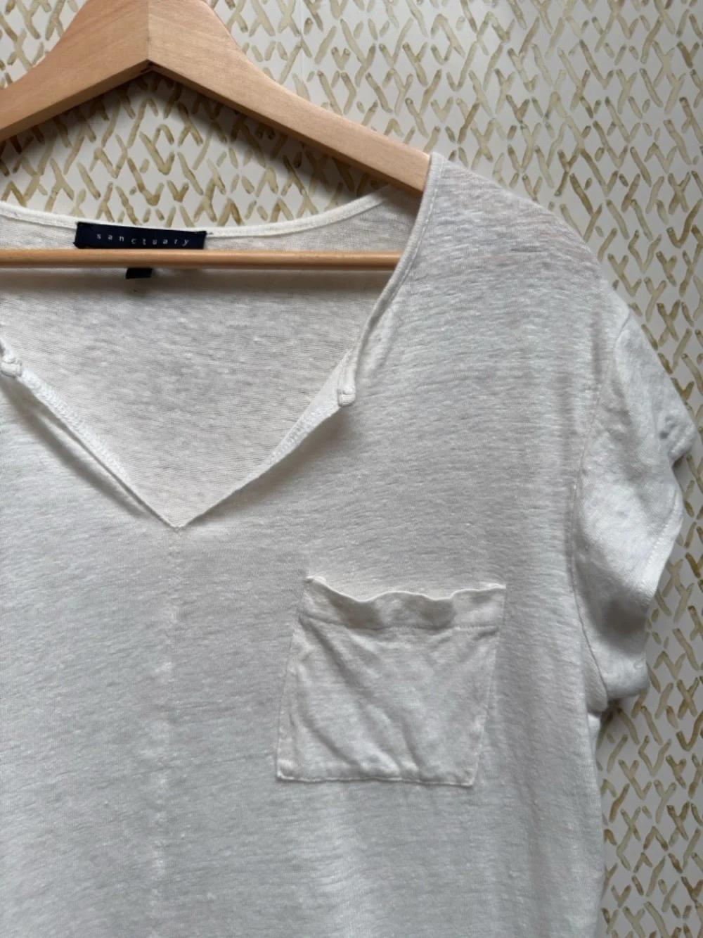 Sanctuary Linen Tee White VNeck Chiffon Hem Pocket Top Relaxed Boho L - Picture 3 of 11